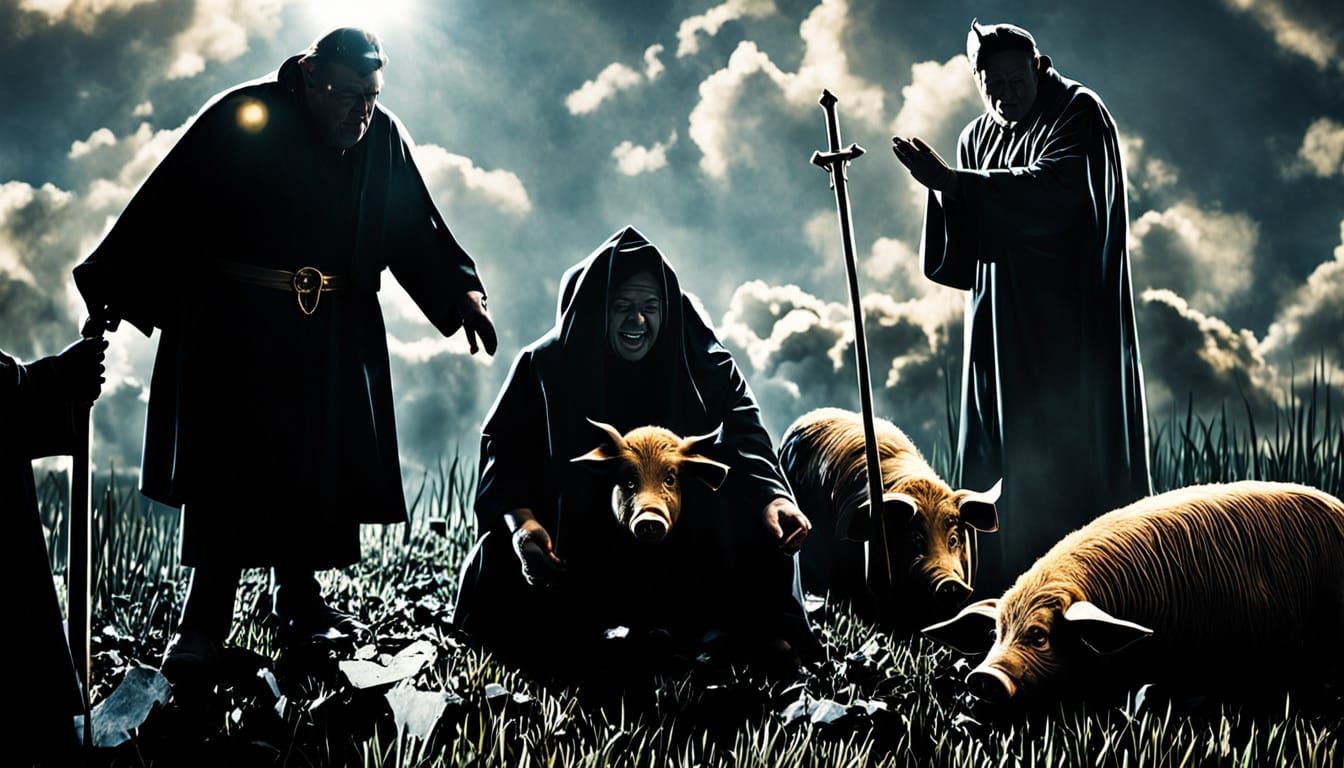 Hyperrealistic Pigs with Satan in Golden Light