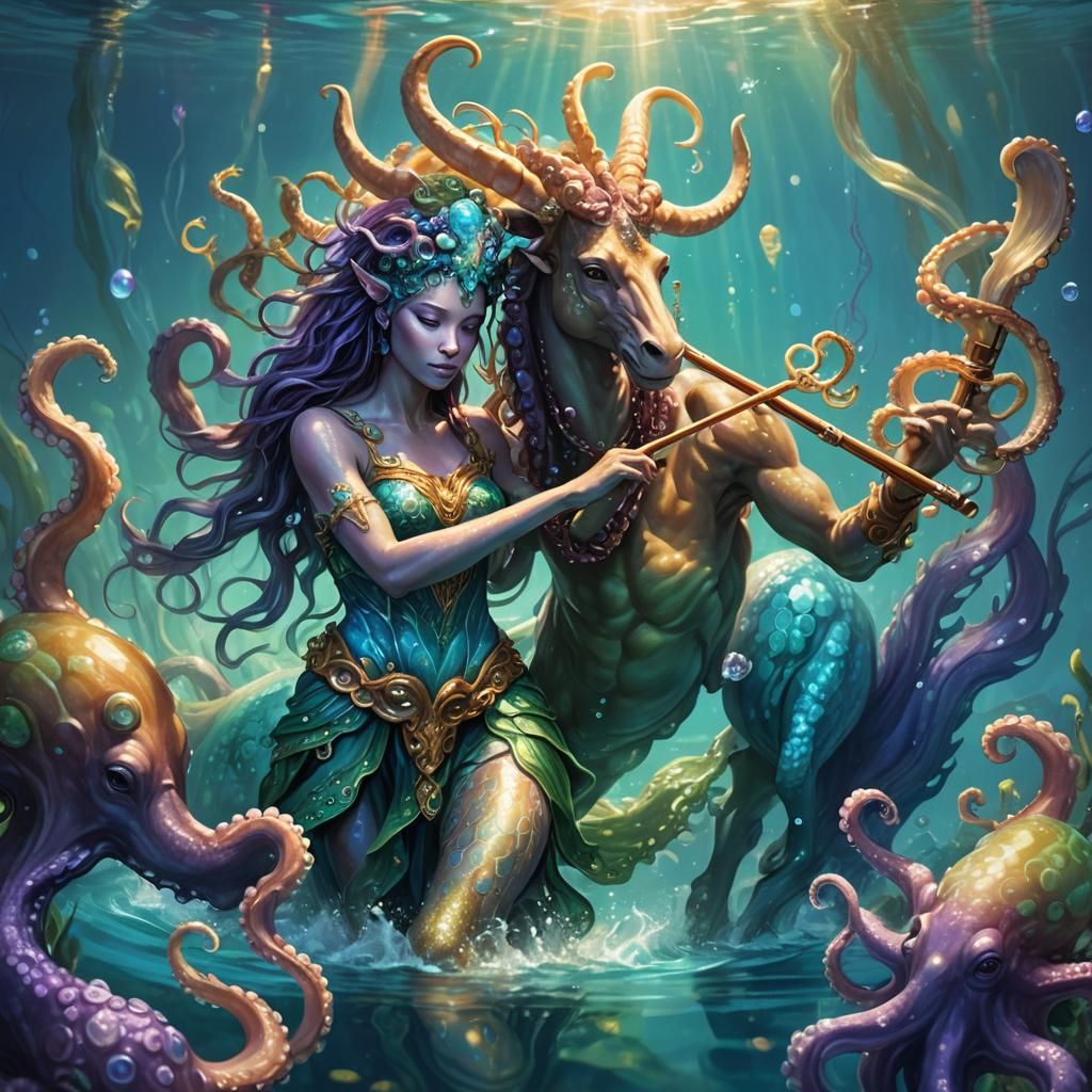 Underwater Centaur with Bioluminescent Octopus