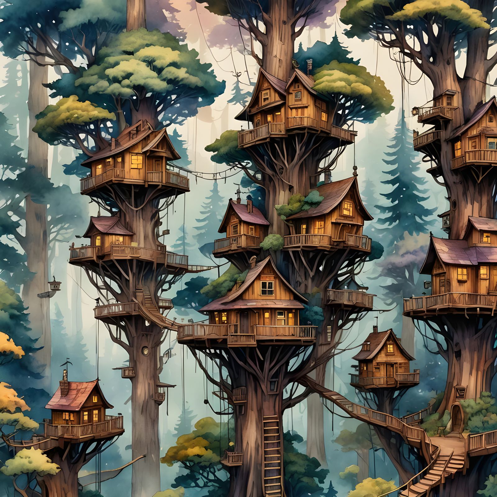 Whimsical Treehouse Village in Pen and Ink Style