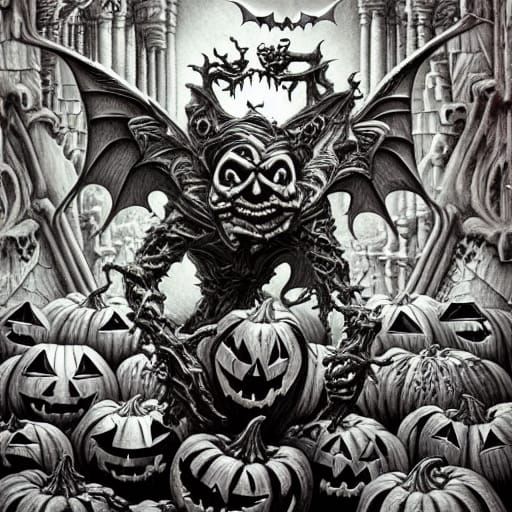 Surreal Halloween Scene with Gargoyles and Jack-o-Lanterns