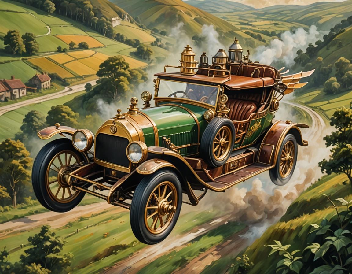 Steampunk Flying Car Over Lush Countryside
