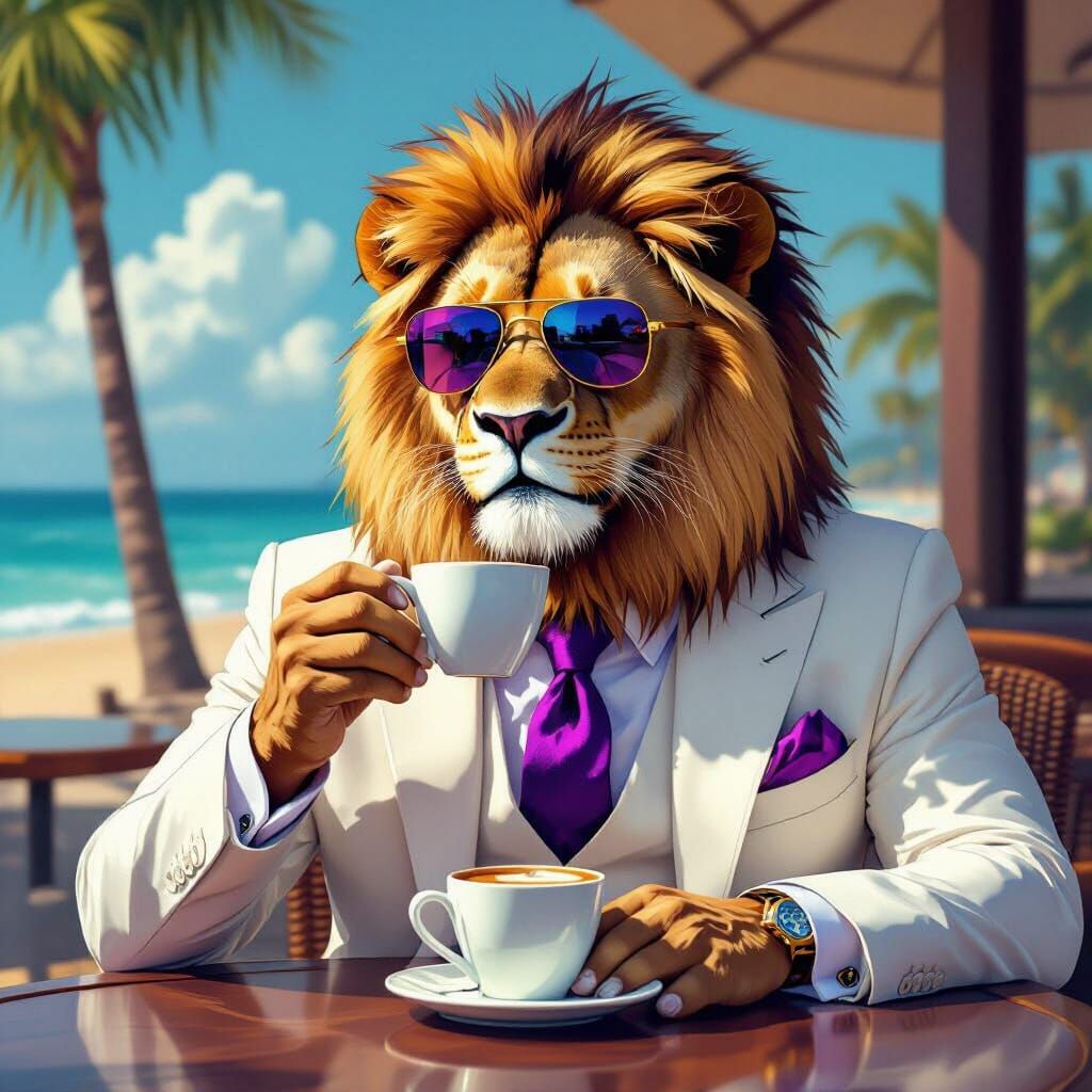 Lion Sipping Coffee in White Suit, Noir Aesthetic
