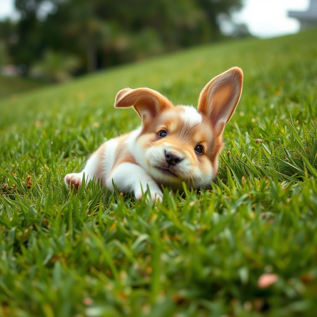A puppy-bunny-hybrid rolling down a grassy hill