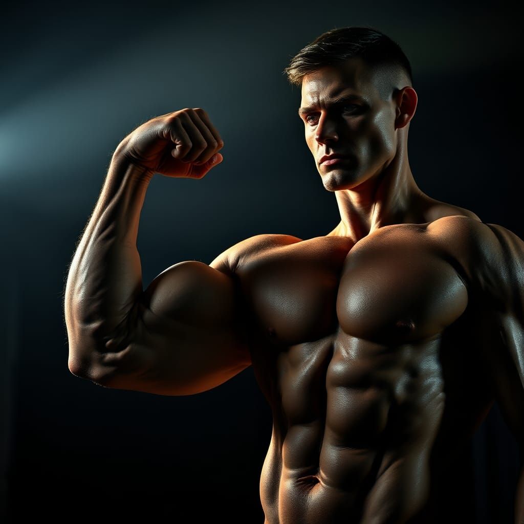 Bodybuilder Flexing Sausage Bicep in Hyperrealistic Style