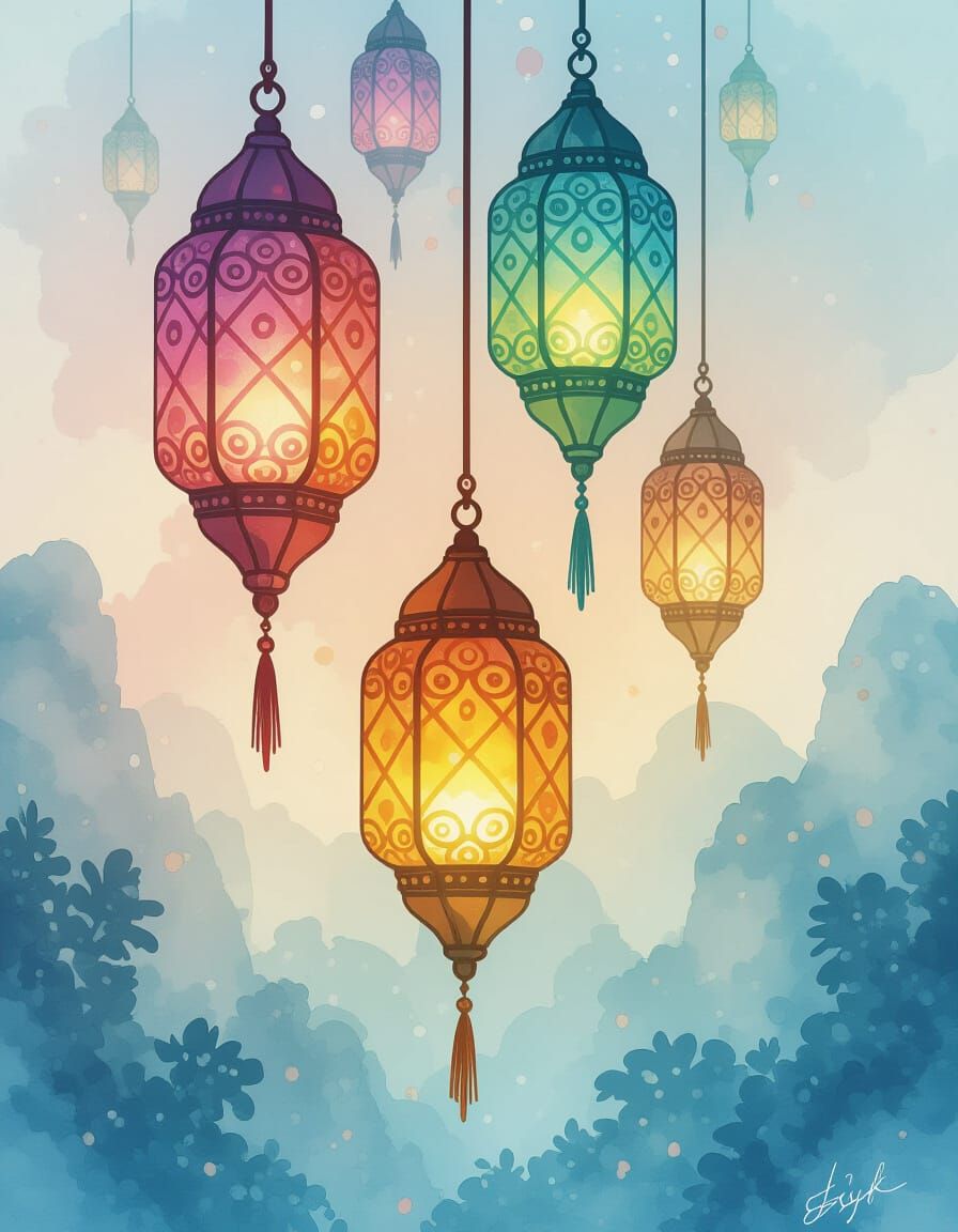 Ethereal Lanterns Suspended in Watercolor Sky