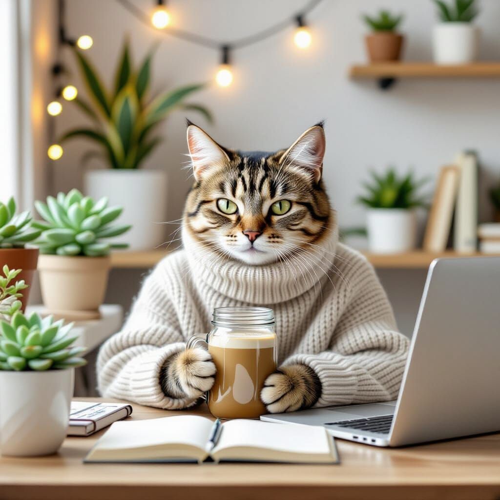 Millennial Cat Relaxing in Cozy Workspace