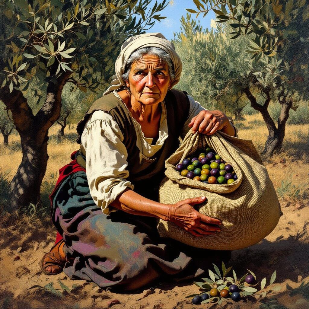 Baroque Sicilian Woman Kneeling in Olive Grove