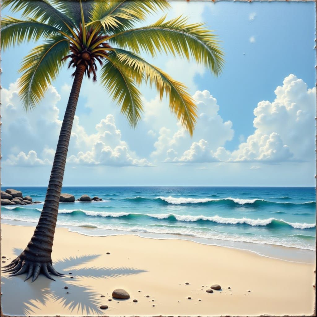 Summer time on the beach, palm tree, soft sand and waves, ab...