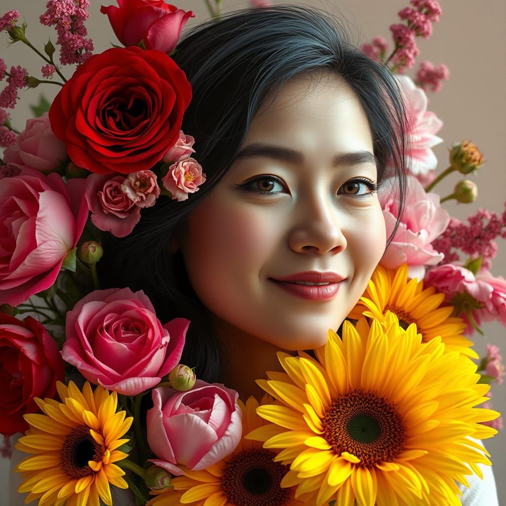 Woman Surrounded by Flowers in Pop Surrealist Style