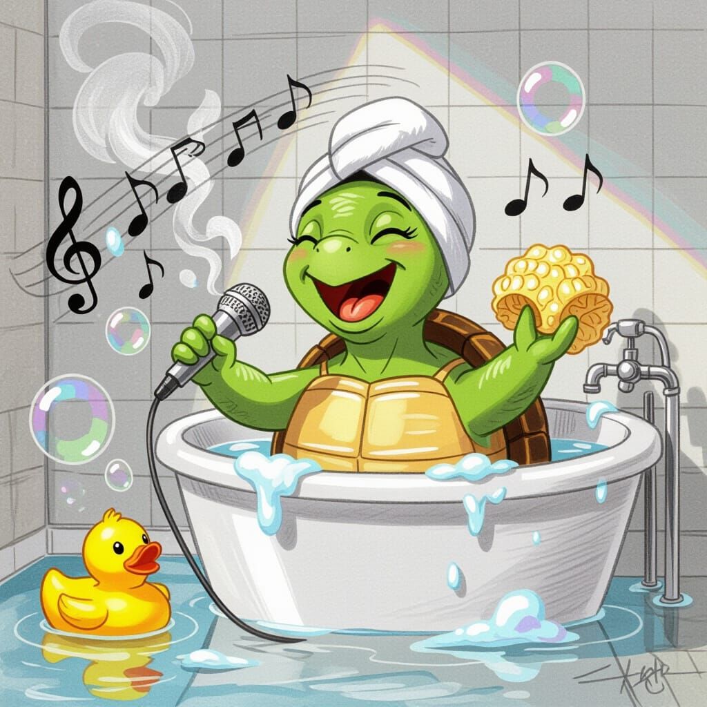 Delighted Turtle Singing in Cozy Bathroom Sketch