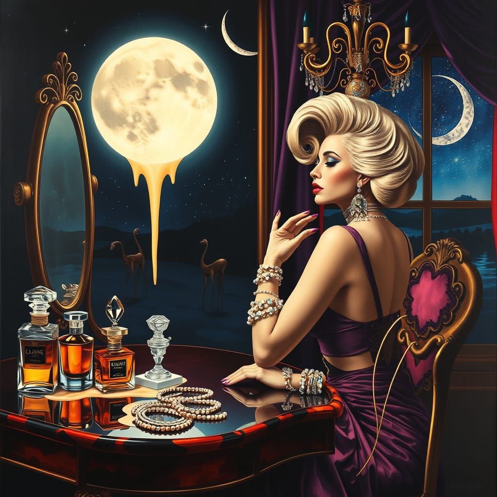 Glamorous Eccentric Woman in Dalí Dreamscape Painting