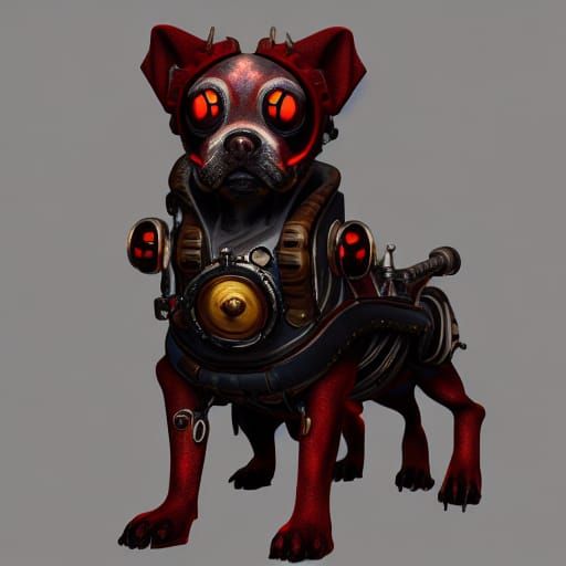 Steampunk Dog with Glowing Eyes: Detailed Fantasy Art