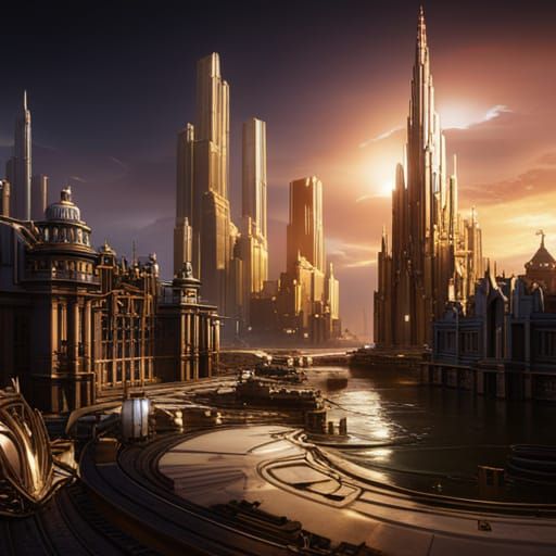 Golden Sci-Fi City Detailed Matte Painting