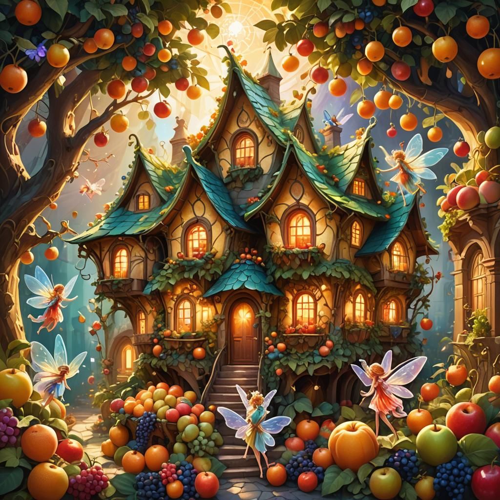 Fantastical Fruit Palace with Whimsical Fairy Residents