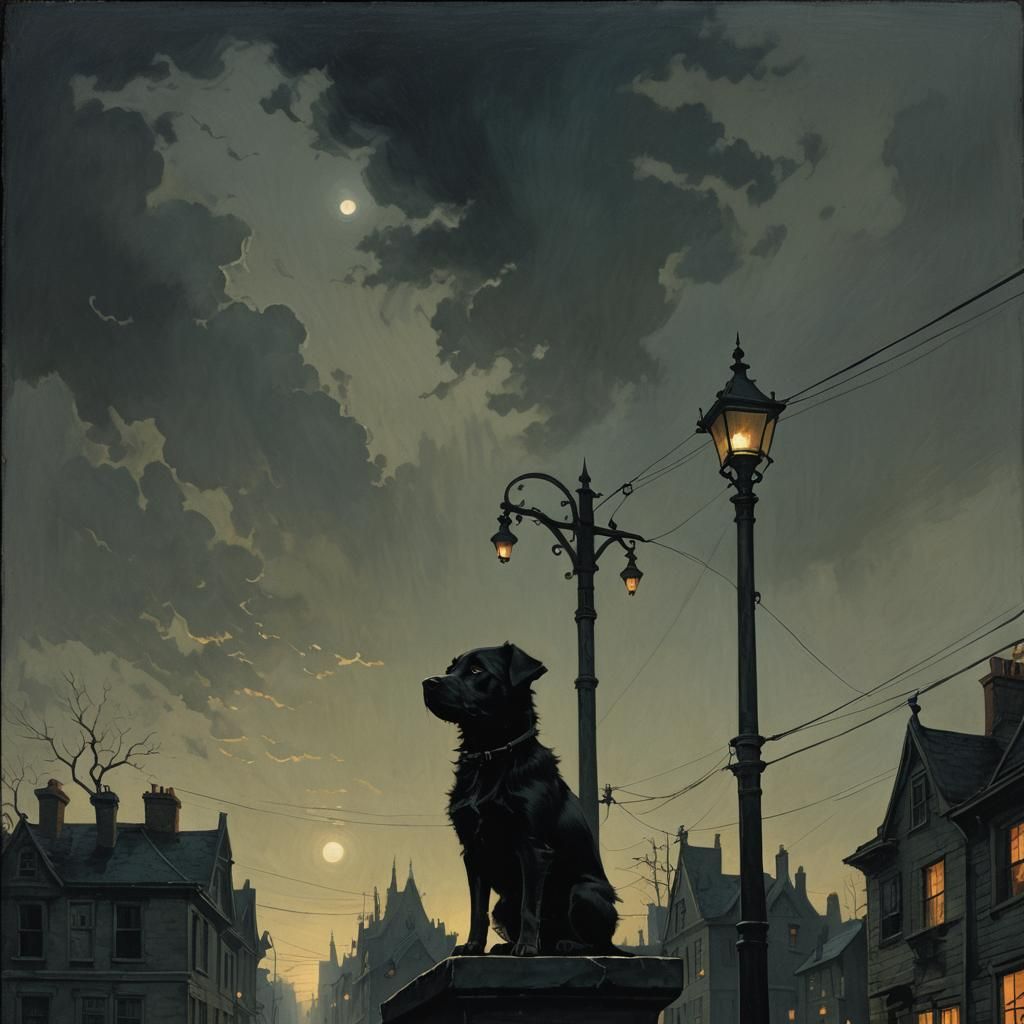 Eerie Surrealist Puppy in Darkness: Gothic Painting