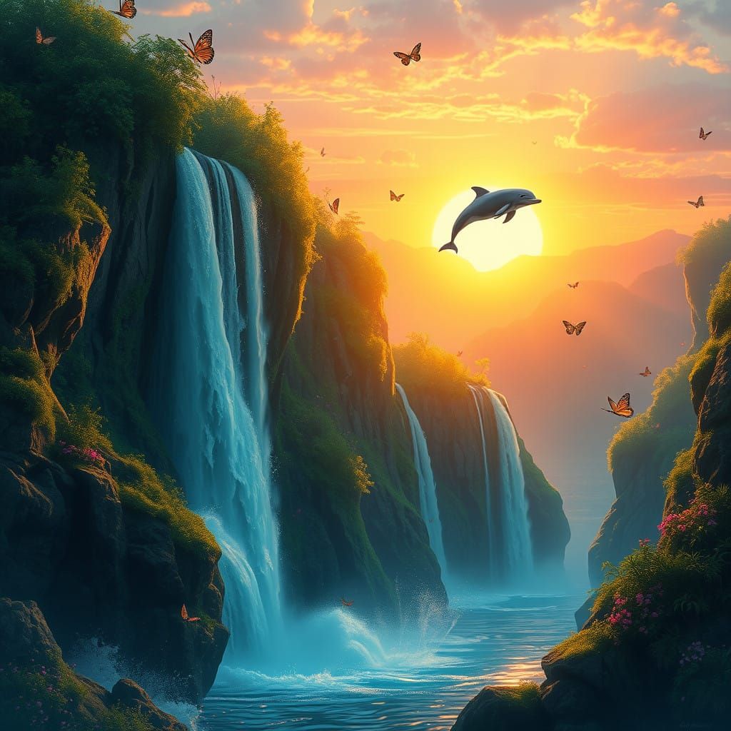 Dreamy Heart-Shaped Waterfall at Sunset with Dolphin and But...