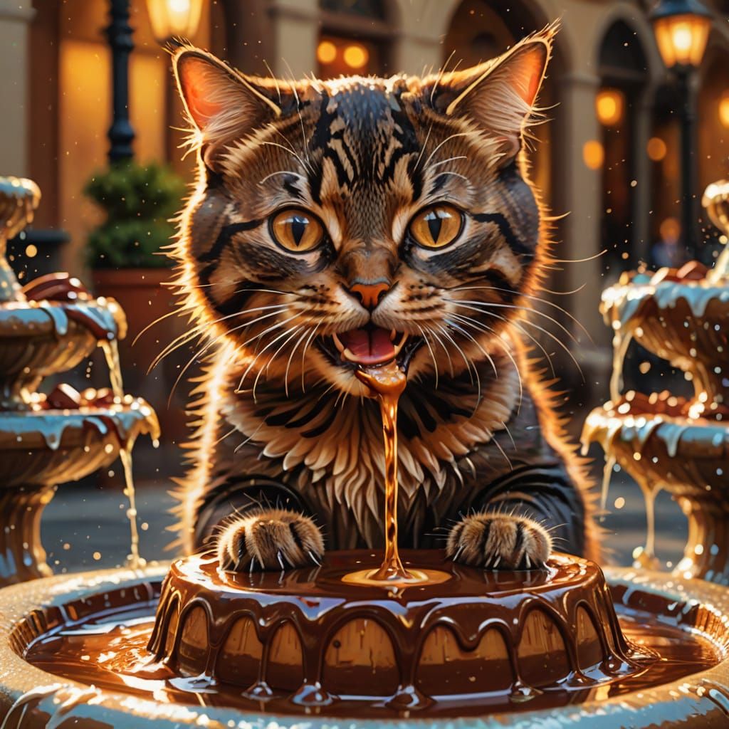 Cat Eats Nutella from Fountain: Oil Painting