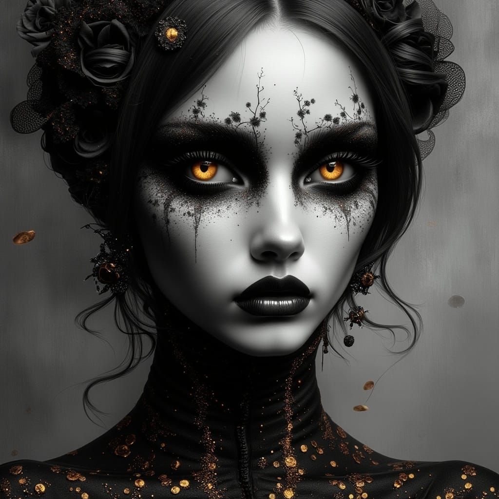 Gothic Woman with Filigree Face in Dark Setting