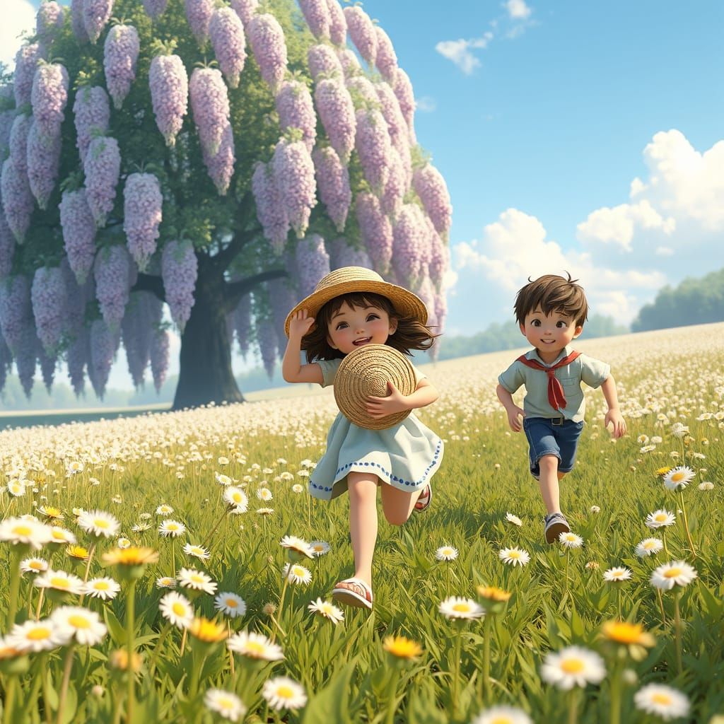 Joyful Children Chase Each Other in a Vibrant Field of Dande...