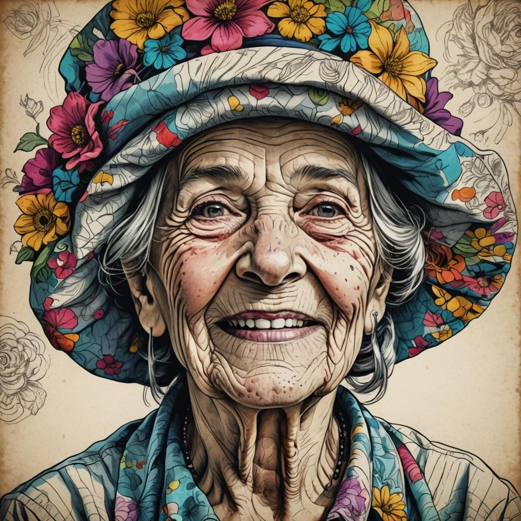 Inked Portrait of Smiling Woman with Floral Hat