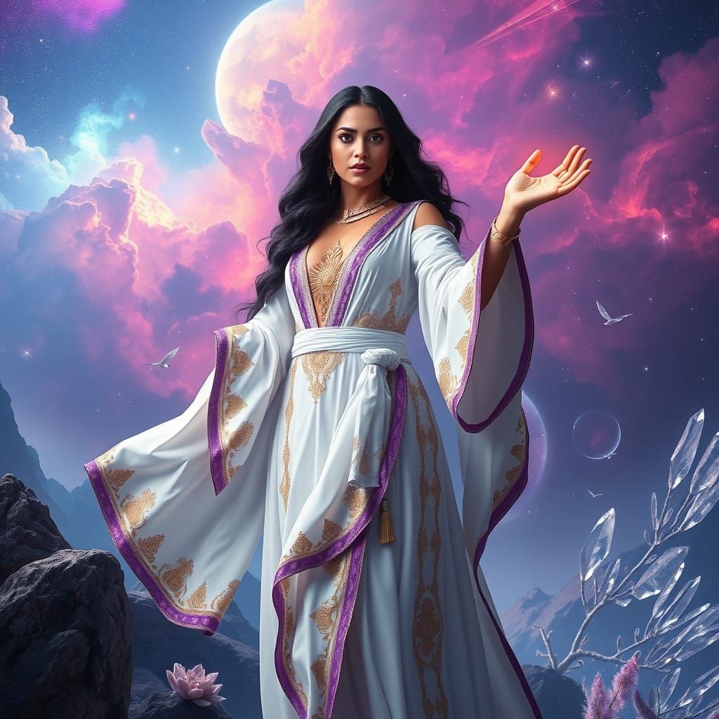Latina Goddess on Nebula Planet in Digital Art Style