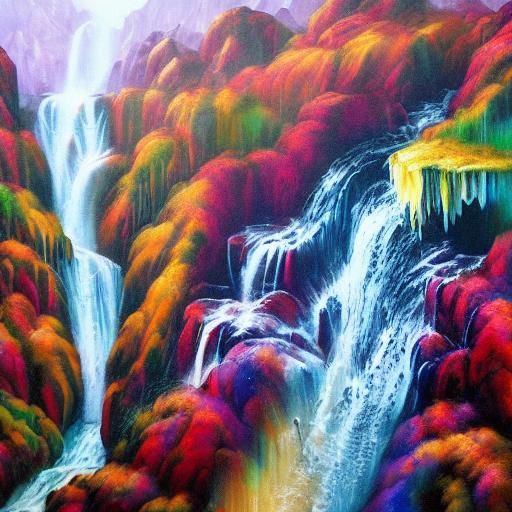 Colorful Graffiti Art Waterfall and Mountains
