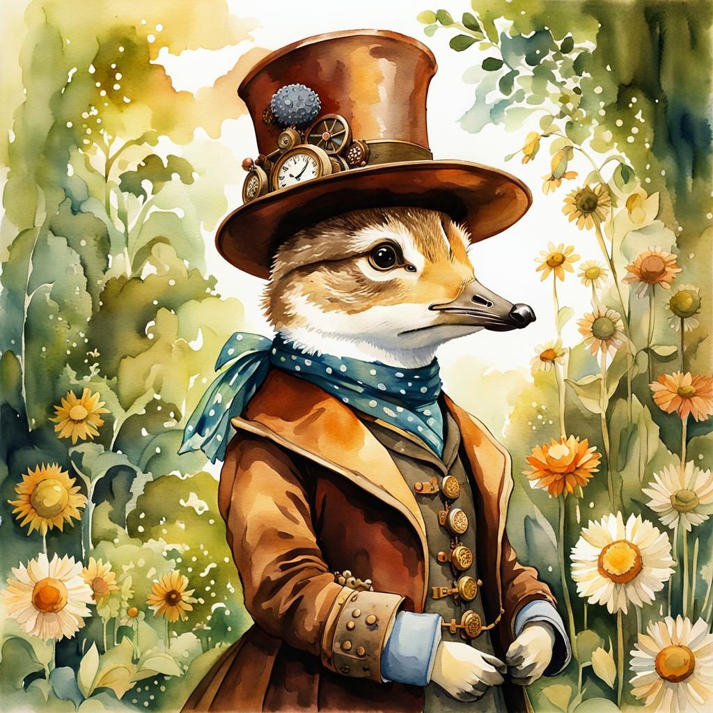 Steampunk Duck in English Garden Watercolor