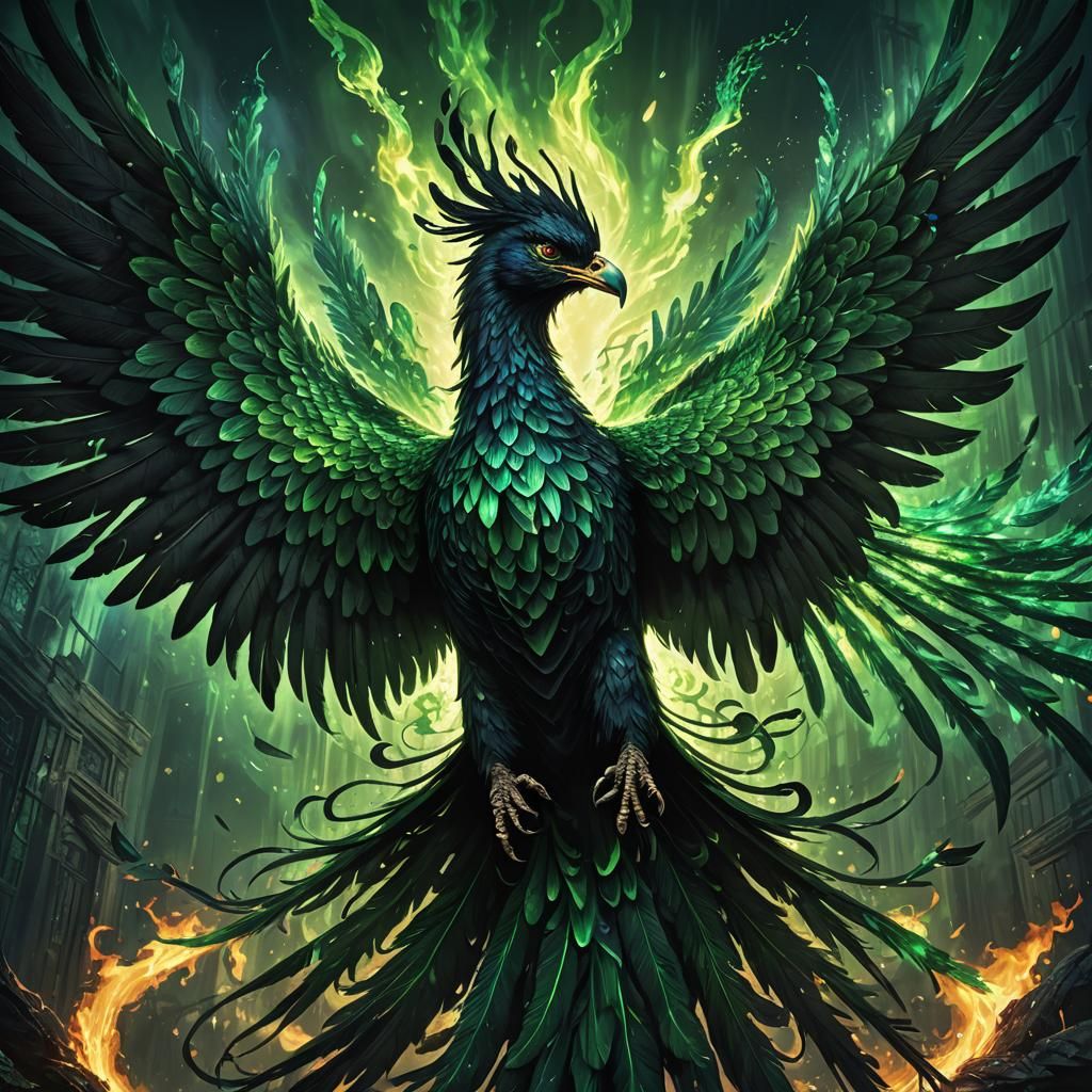 Majestic Black Phoenix with Emerald Flames: Dark Fantasy Art