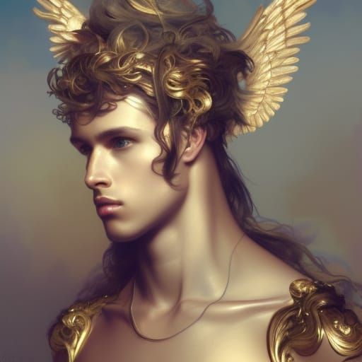Ethereal Ancient Angelic Male Model in Opulent Gold Regalia