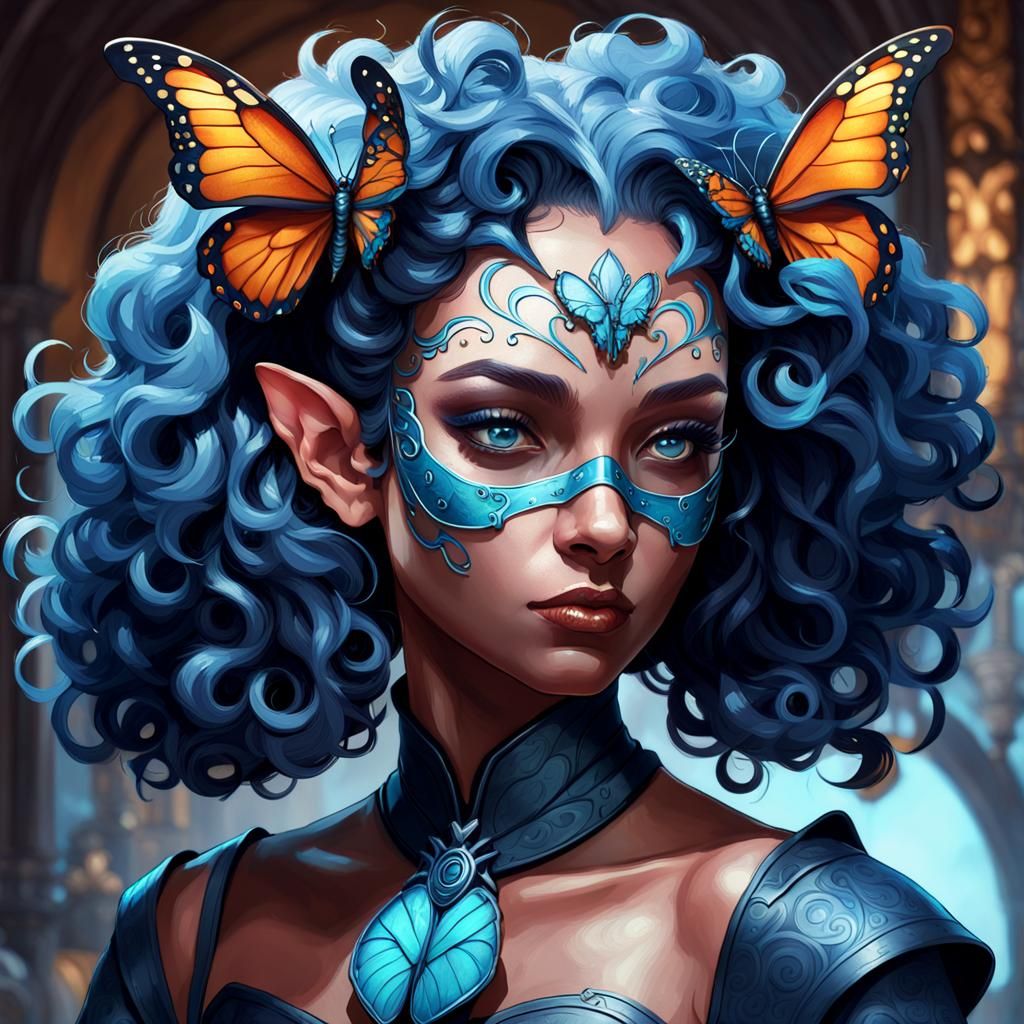 Tiefling Woman with Butterfly Mask, Digital Art