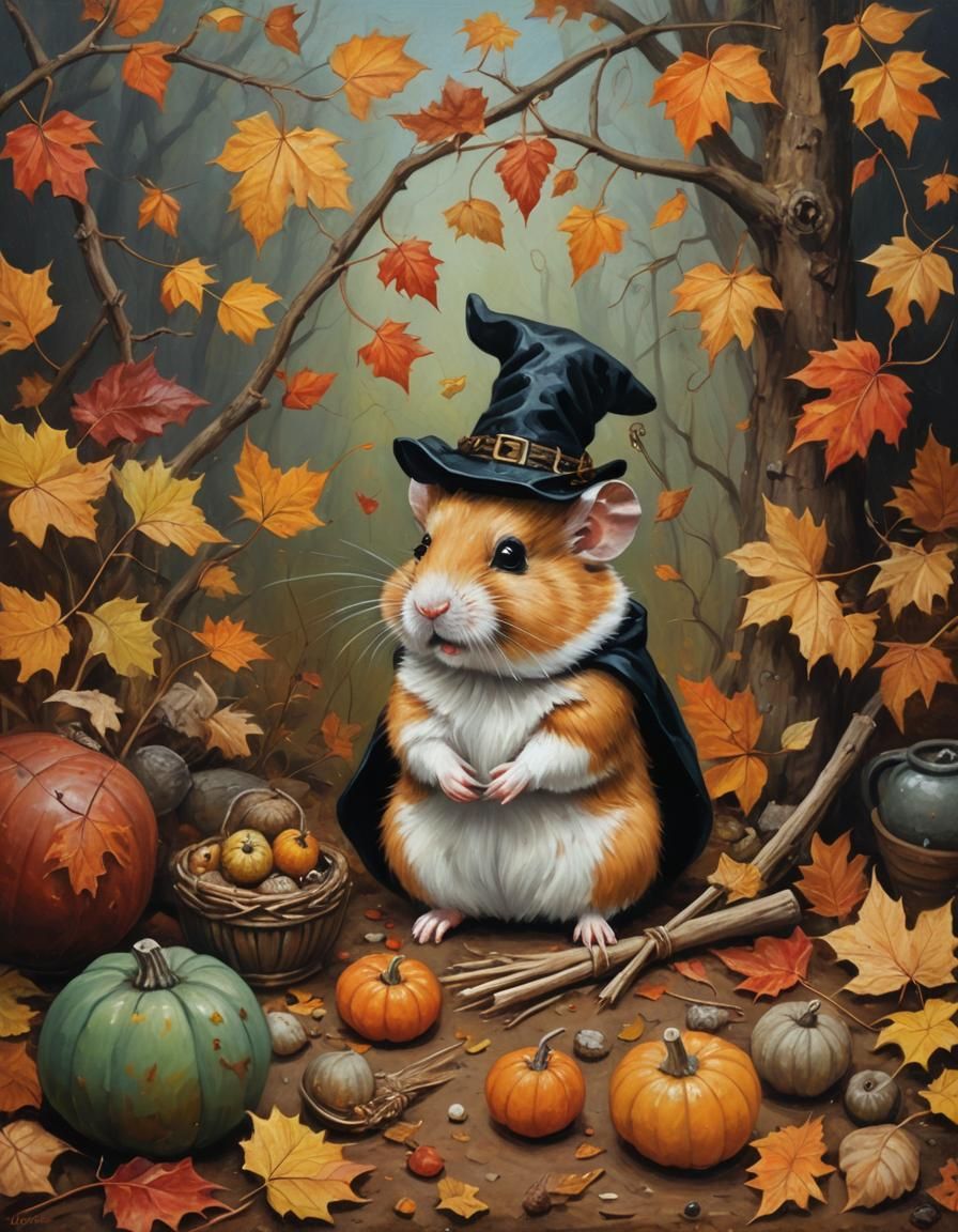 Hamster Autumn Folk Art Oil Painting