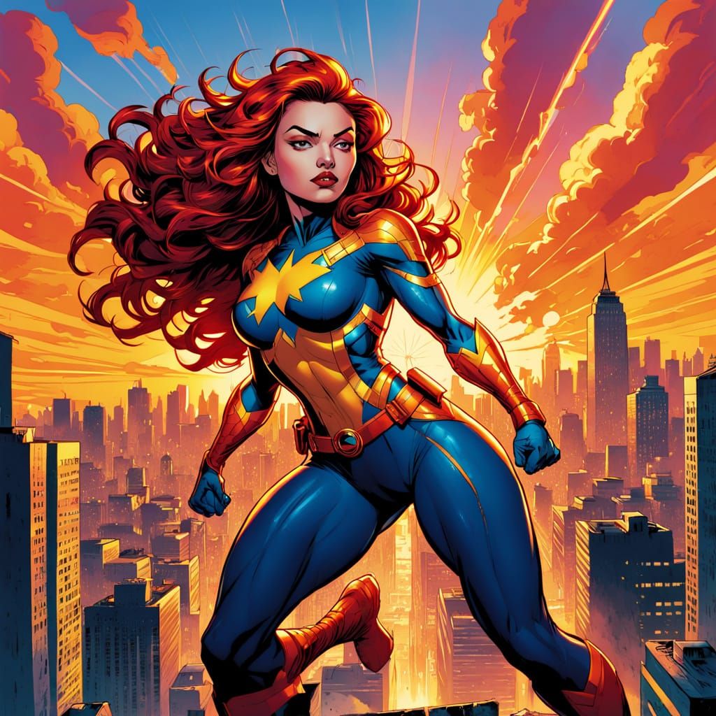 She stands confidently, looking directly at the viewer, with a cityscape at sunset in the background.