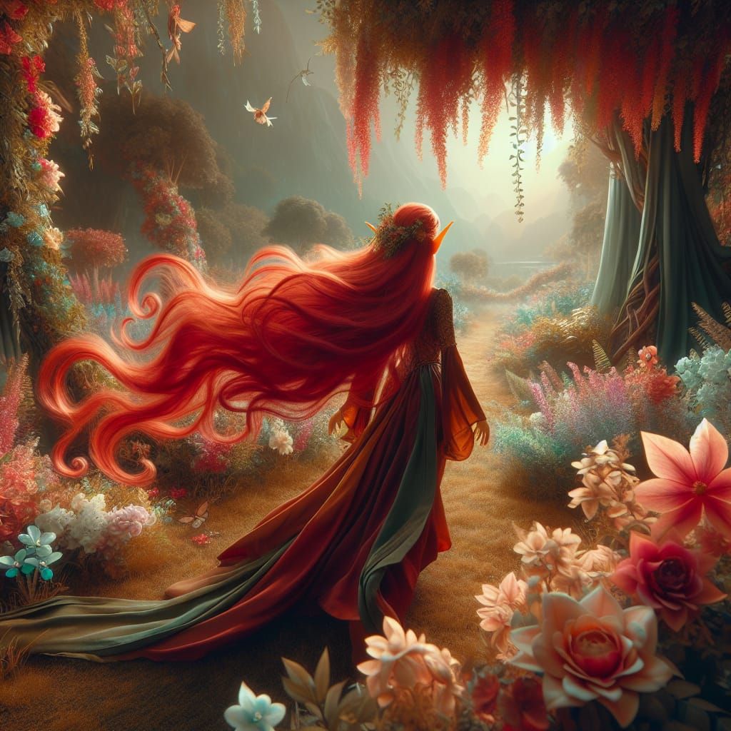 Ethereal Red-Haired Elf in a Pastel Flower Garden