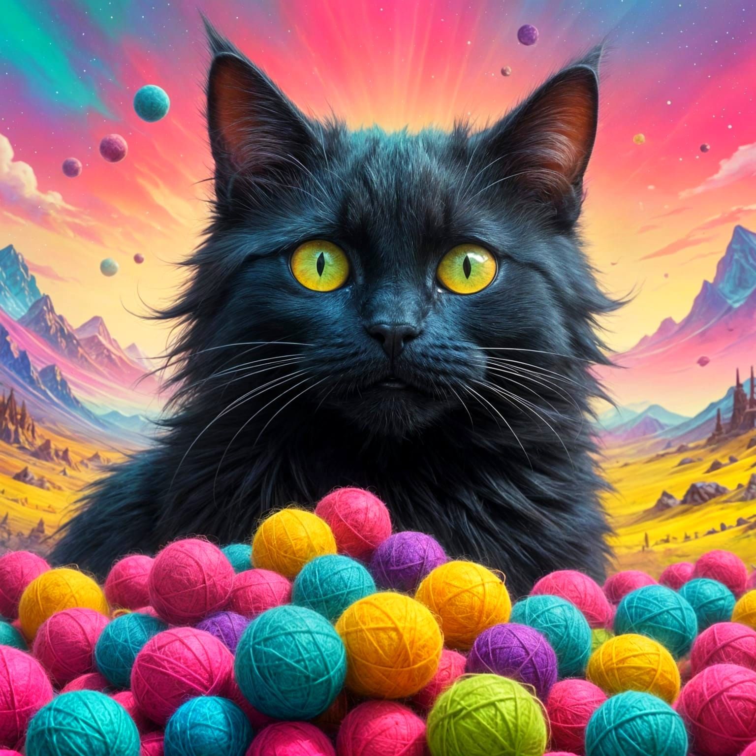 Whimsical Cat Amidst Vibrant Woolen Balls in a Dreamy Aurora...