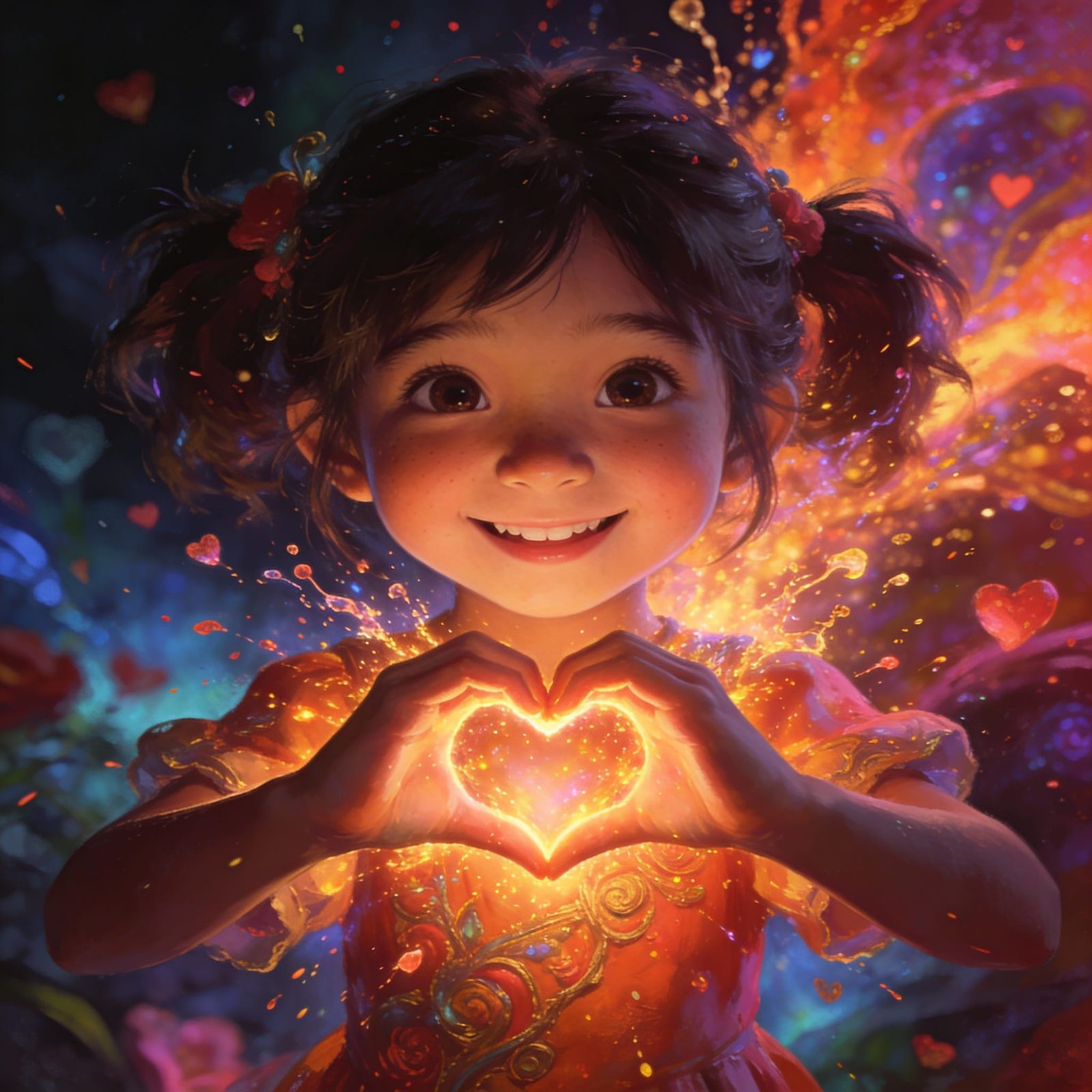 She is 8 years old and has her hands shaped in the heart pos...