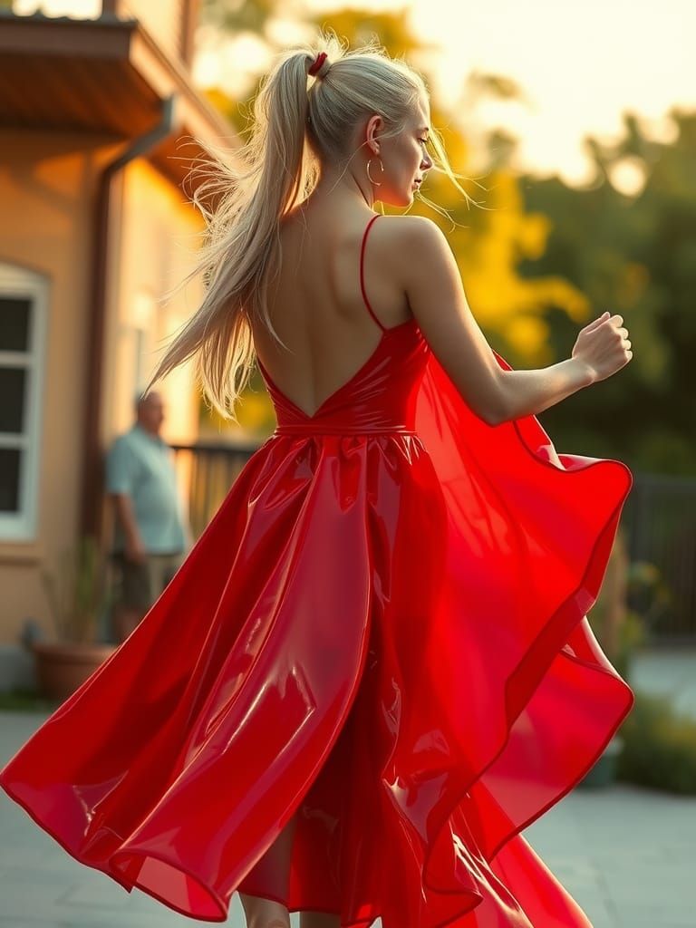Blonde Woman in Red Dress Dancing, Digital Art