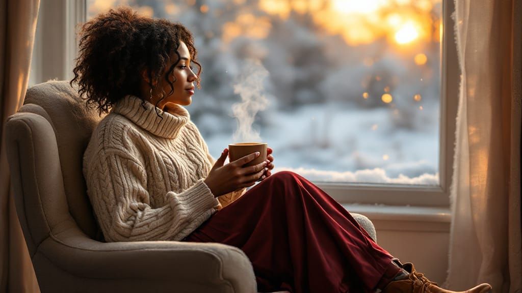 Cozy Winter Morning: Woman with Coffee at Sunrise