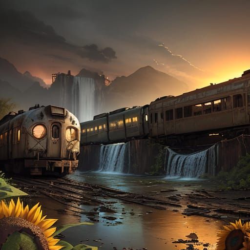 Wasteland Oasis With Train Car Shelters and Waterfall