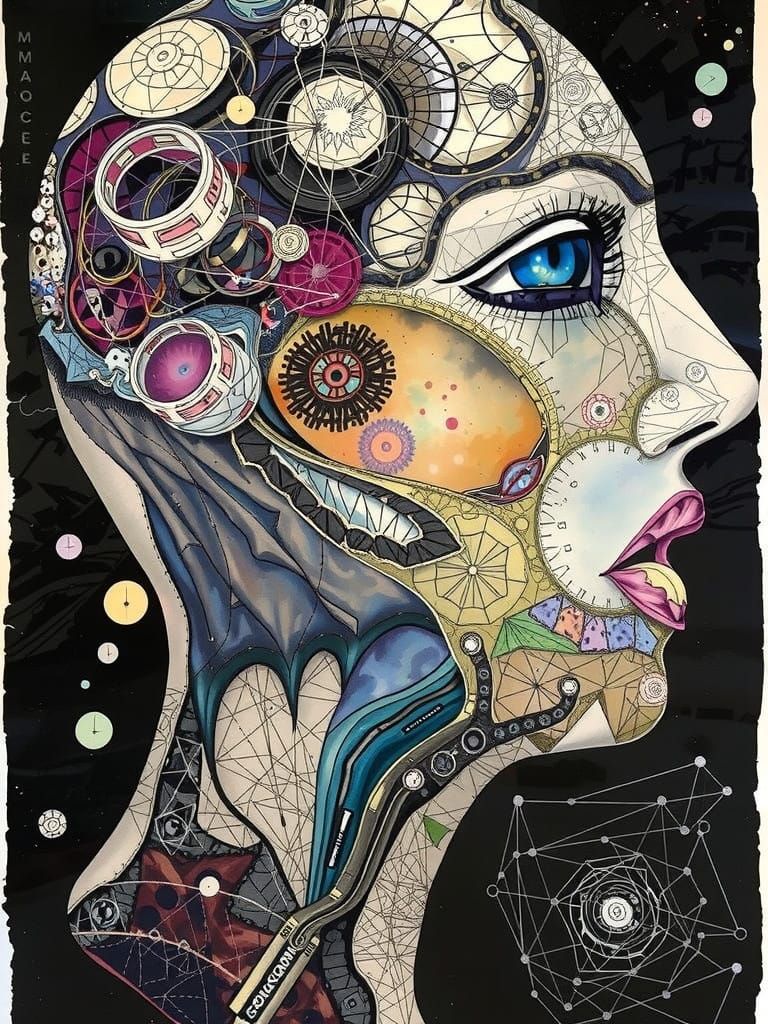 Intricate Watercolor Portrait of a Woman in a Kaleidoscope o...