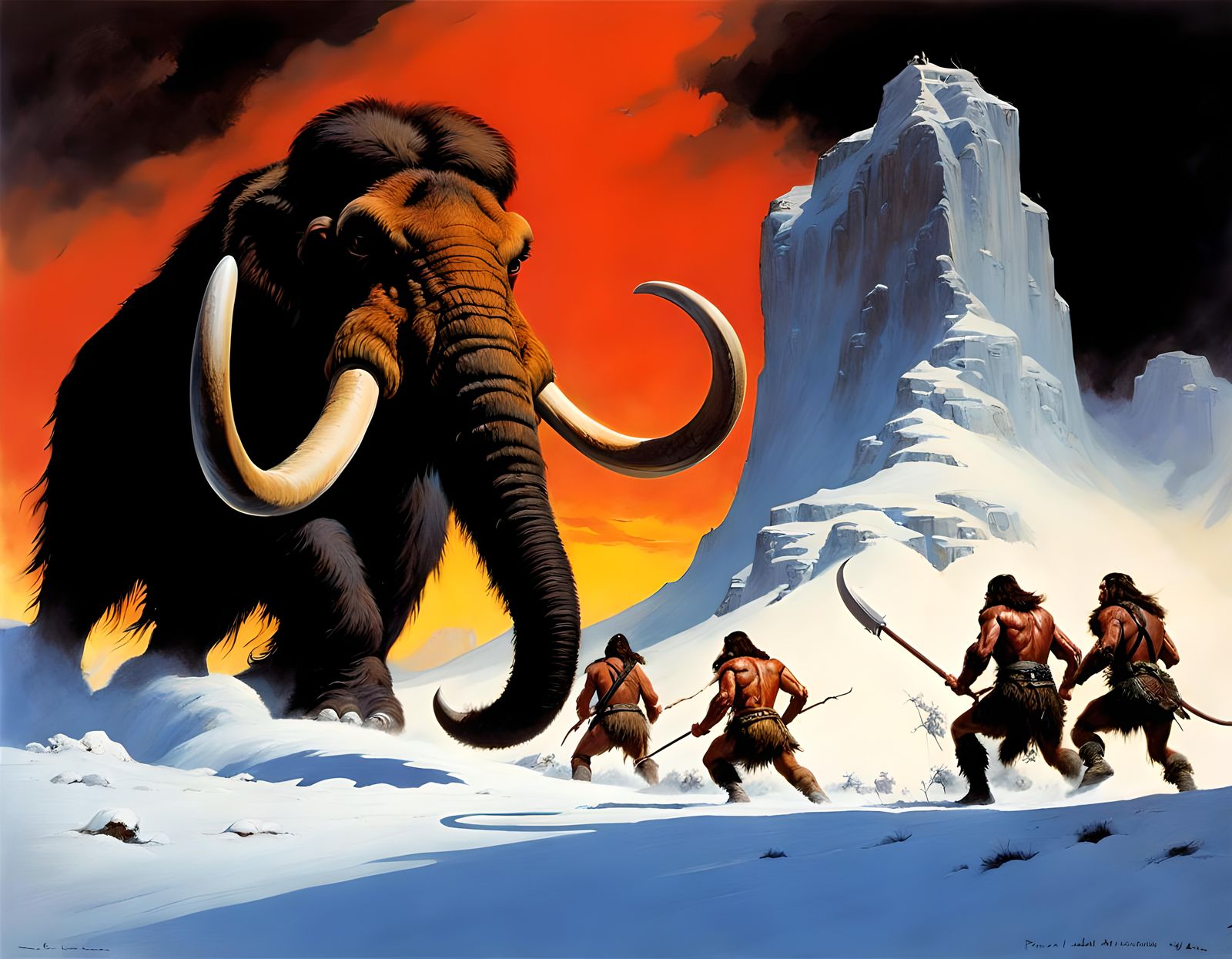 Angry Mammoth Charges Hunters: Fantasy Art
