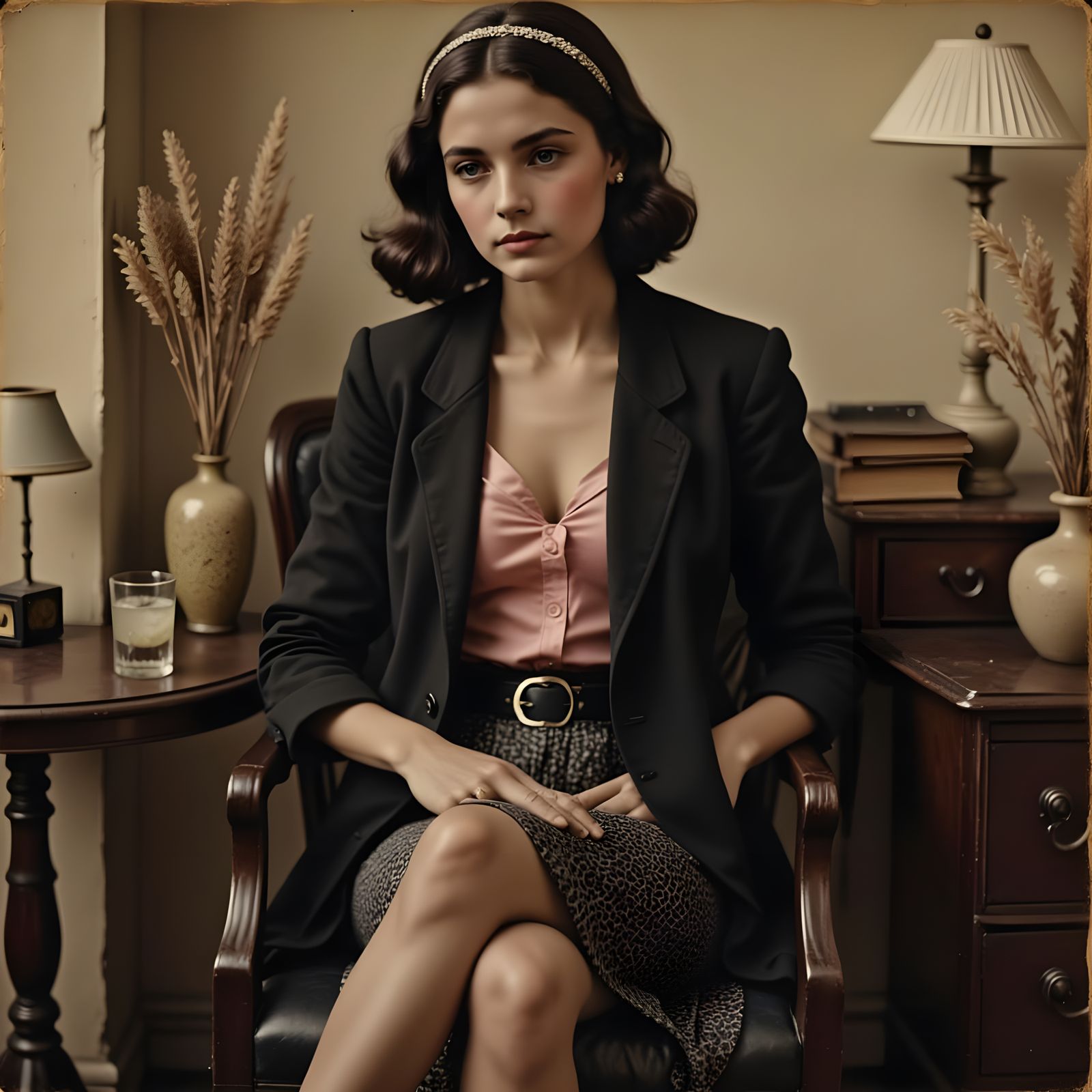 Young Woman in Contemplative Pose, Vintage Photo Style