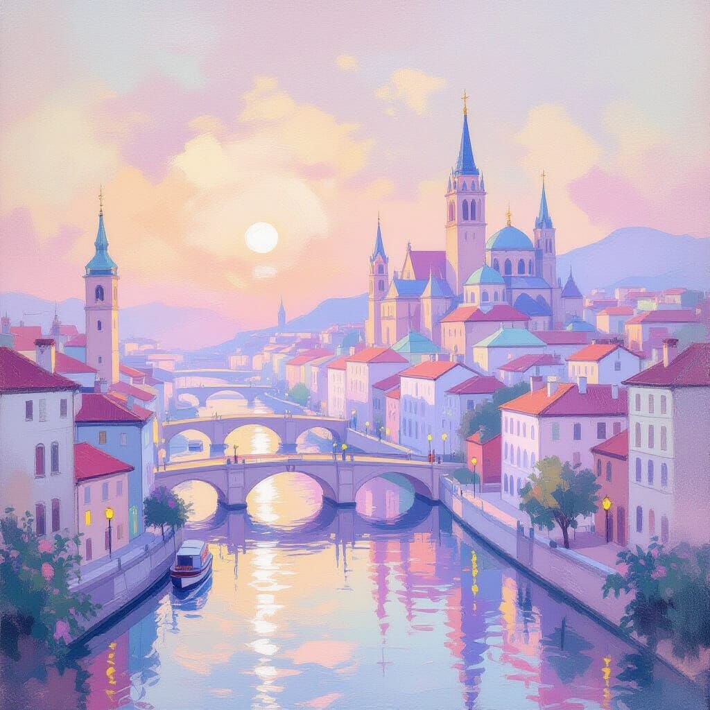 Surreal Pastel Cityscape in Dreamlike Impressionistic Style