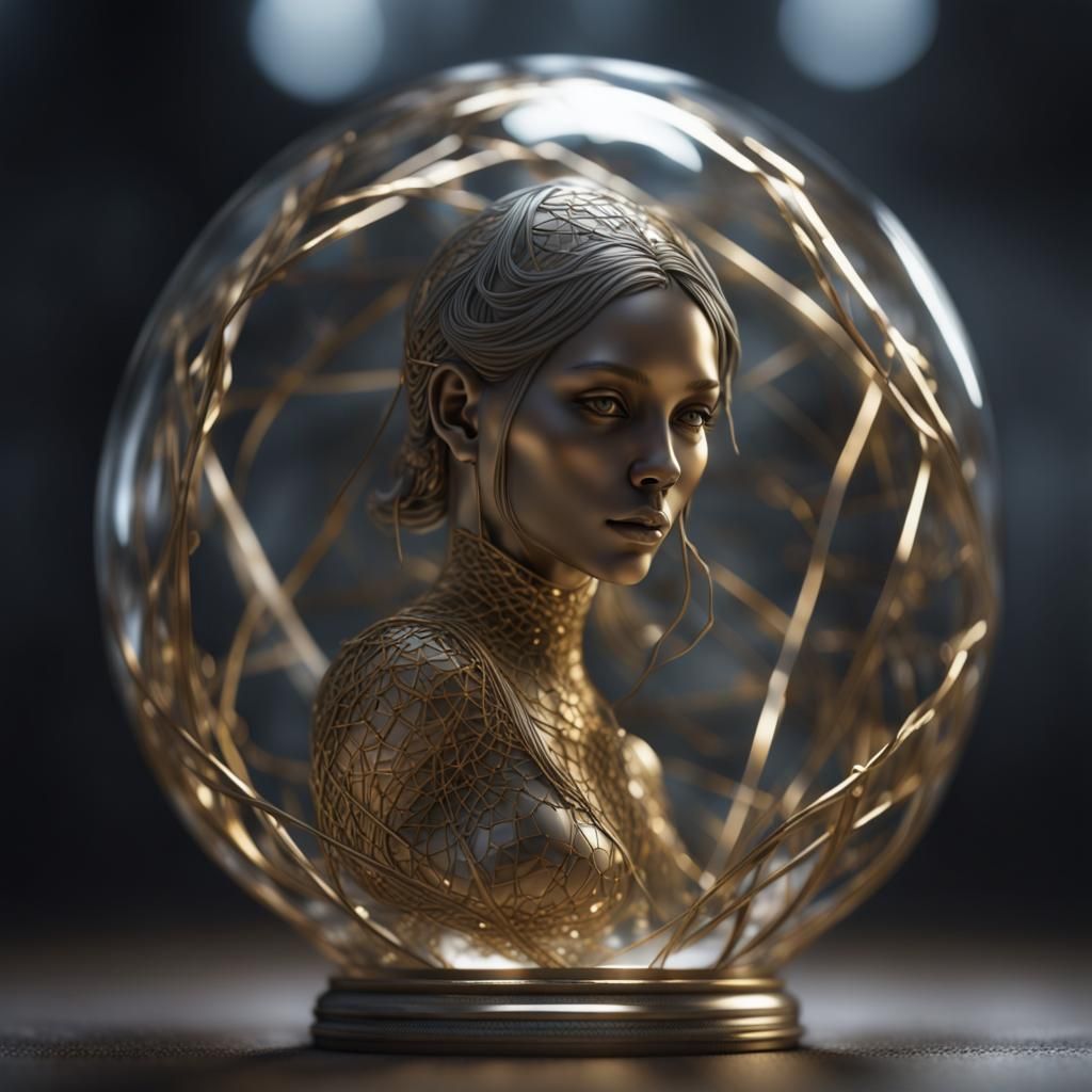 Metal Woman in Glass Orb: Hyperrealistic Art