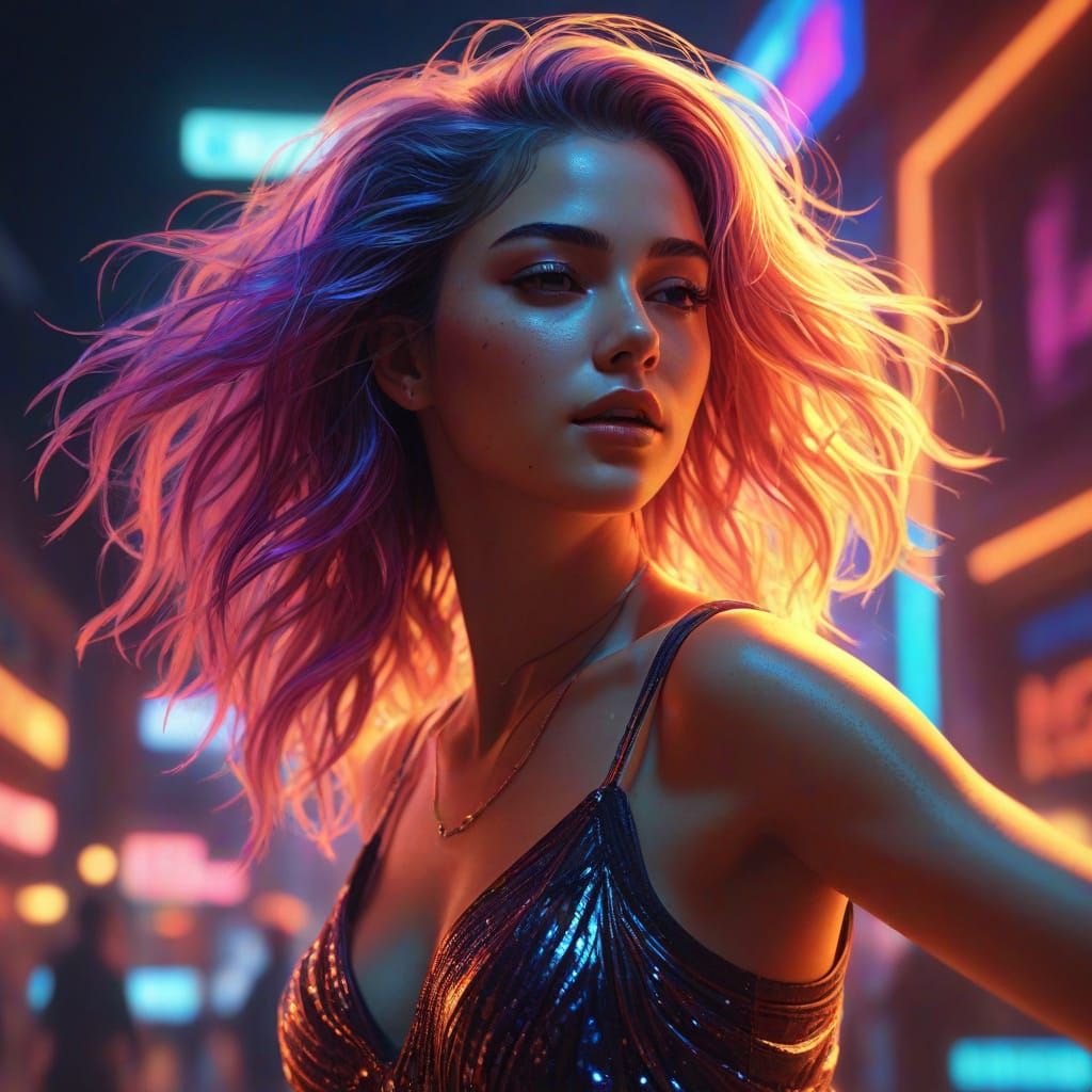 Captivating Woman Dancing in Neon Lights