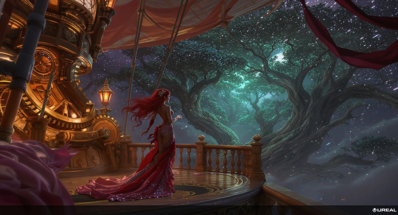 Steampunk Showgirl on Airship Deck at Night