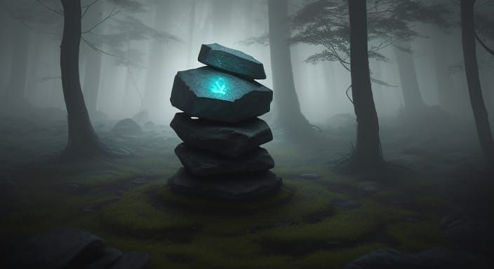Mysterious Glowing Rune Stone in Dark Forest