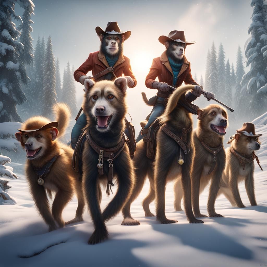 Monkeys Riding Dogs in Snow: Detailed Matte Painting