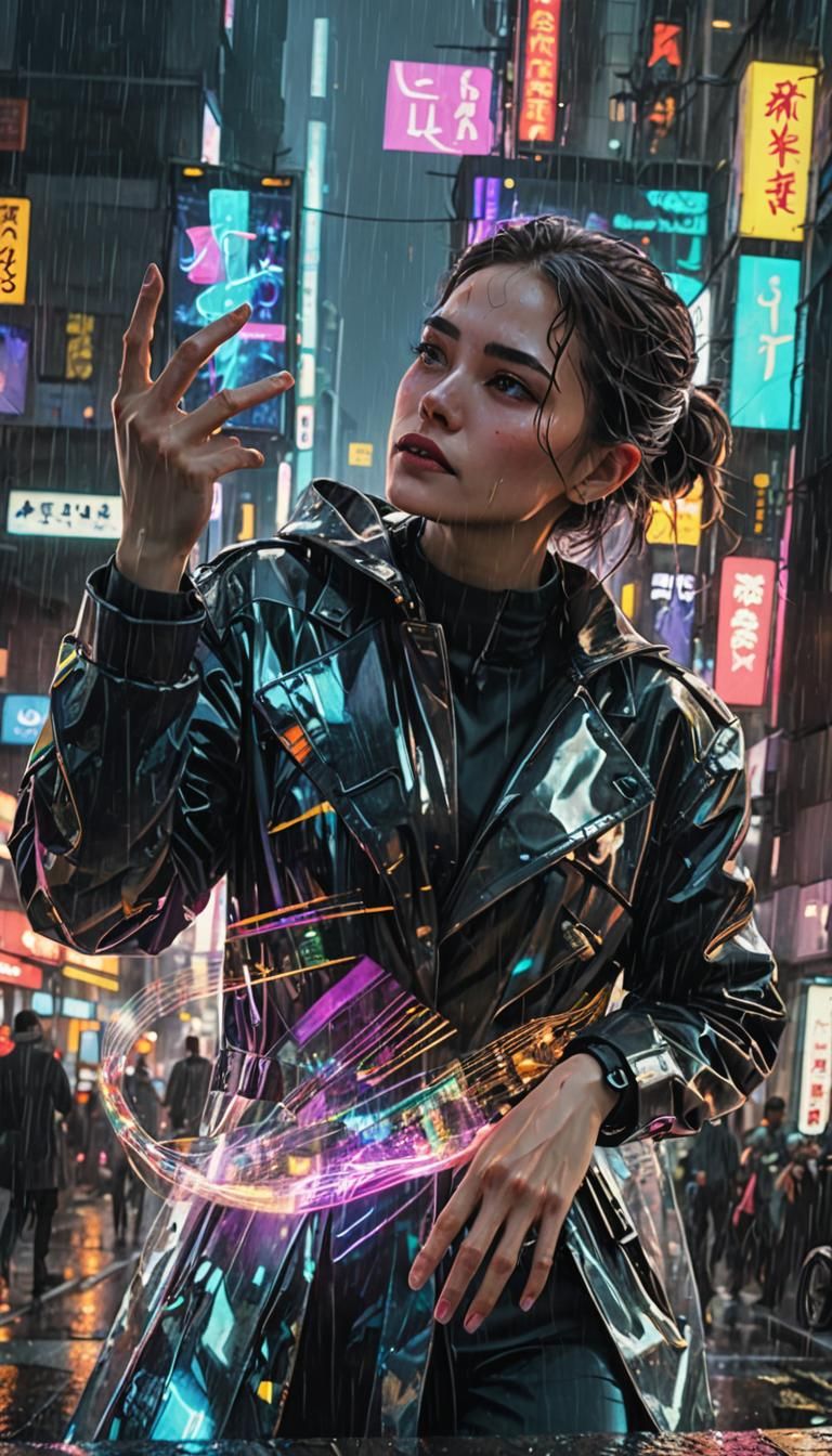 Cyberpunk Businesswoman in Rainy Metropolis