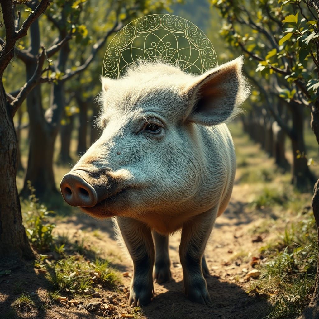 Majestic Middle White Boar in Sun-Dappled Orchard, in Rustic...