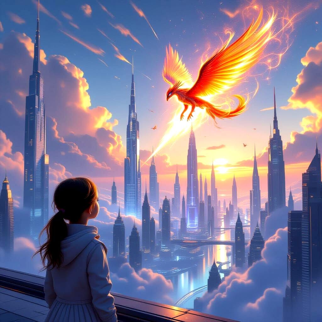 Girl Flying with Fiery in Futuristic World